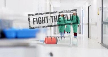 Hastanedeki çeşitli cerrahlar için baca boşluğu metni ve şırıngayla mücadele animasyonu. Küresel tıp, sağlık, bağlantılar, hesaplama ve veri işleme kavramı dijital olarak oluşturulmuş video.