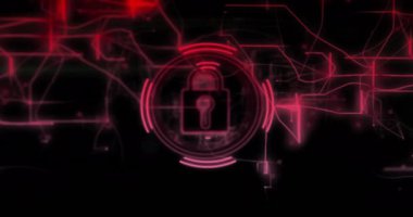 Karanlık arka planda asma kilit ve veri işleme simgelerinin canlandırılması. Dijital arayüz, bağlantılar, hesaplama ve veri işleme kavramı dijital olarak oluşturuldu.