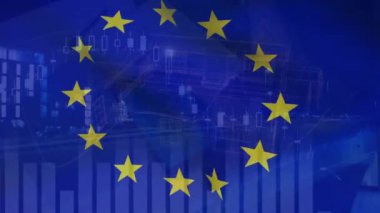 Hareket halindeki araçların binalara süratle çarpması üzerine sallanan grafiklerin ve Avrupa bayrağının canlandırılması. Dijital bileşim, çoklu pozlama, rapor, iş, ulaşım ve vatanseverlik kavramı.