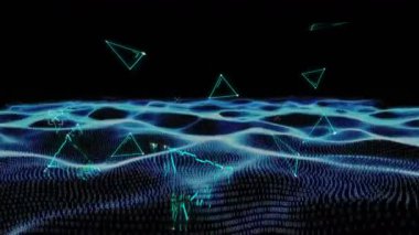 Siyah zemin üzerinde geometrik şekiller ve dinamik dalga desenleri oluşturan bağlı noktaların animasyonu. Dijital olarak üretilen hologram, illüstrasyon, veri, bağlantı, gelecek ve teknoloji kavramı.