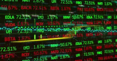 Karanlık arka planda finansal veri işleme sisteminin animasyonu. Küresel finans, iş, bağlantılar, hesaplama ve veri işleme kavramı dijital olarak oluşturulmuş video.