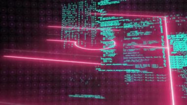 Siyah arka planda pembe neon sepet kort üzerinde mavi veri işleme animasyonu. Spor, veri, işleme, bağlantı ve dijital arayüz teknolojisi, dijital olarak oluşturulmuş video.