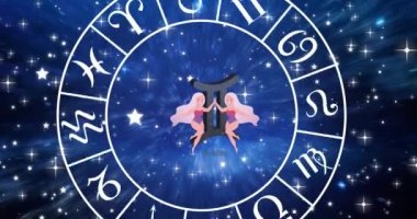 Yıldızlı gece gökyüzünde Zodyak Tekerleği 'ndeki Gemini Star işaretinin animasyonu. Yıldız falı, burç, yıldız işaretleri ve astroloji konsepti dijital olarak oluşturulmuş video.