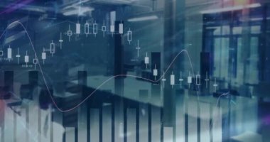 Ofis üzerinde istatistik ve finansal veri işleme animasyonu. Küresel finans, iş, bağlantılar, hesaplama ve veri işleme kavramı dijital olarak oluşturulmuş video.