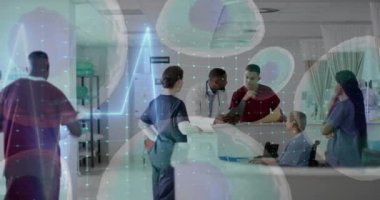 Hastanedeki çeşitli doktorlarda hücre ve veri işleme animasyonu. Küresel tıp, sağlık, bağlantılar, hesaplama ve veri işleme kavramı dijital olarak oluşturulmuş video.
