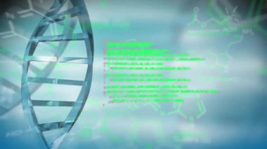 Mavi arkaplan üzerinde DNA iplikçiklerinin dönmesi ve veri işleme animasyonu. Küresel bilim, araştırma, bağlantılar, hesaplama ve veri işleme kavramı dijital olarak oluşturulmuş video.