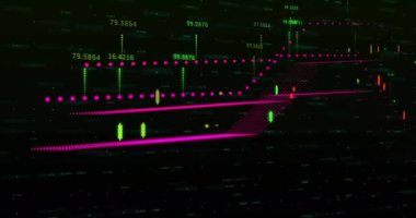 Dünya haritası üzerinde veri işleme animasyonu. Küresel eğitim, işletme, bağlantılar, hesaplama ve veri işleme kavramı dijital olarak oluşturulmuş video.