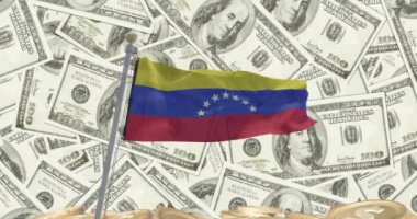 Venezuela bayrağı üzerinde Amerikan dolarları ve sikkelerinin animasyonu. Küresel finans, iş, bağlantılar, hesaplama ve veri işleme kavramı dijital olarak oluşturulmuş video.