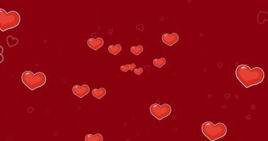 Kırmızı arkaplanda hareket eden kırmızı kalp simgelerinin canlandırması. Sevgililer Günü, aşk ve romantizm konsepti dijital olarak oluşturulmuş video.