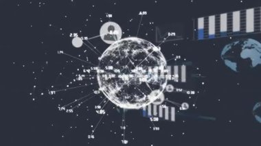 Dünya üzerindeki simgelerle bağlantı ağının animasyonu ve kara arkaplanda veri işleme. küresel bağlantılar, bilgisayar ve dijital arayüz konsepti dijital olarak oluşturulmuş video.