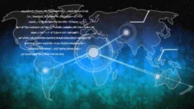 Veri işleme ve dünya haritası üzerindeki bağlantı ağının animasyonu. Küresel iş, finans, bağlantılar, bulut hesaplama ve veri işleme kavramı dijital olarak oluşturulmuş video.