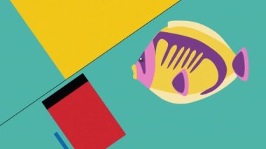 Sarı balığın soyut ve enerjik desenler üzerindeki animasyonu. Doğa, renk ve şablon konsepti dijital olarak oluşturulmuş video.