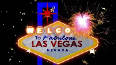 Las Vegas neon ışıklarına ve siyah arka planda havai fişeklere hoş geldiniz. Yeni yıl, yeni yıl arifesi, parti, kutlama ve geleneksel konsept dijital olarak oluşturulmuş video.