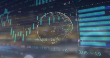 Dünya çapında veri işleme, diyagramlar ve borsa animasyonları. Küresel iş, teknoloji ve dijital arayüz kavramı, dijital olarak oluşturulmuş video.