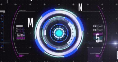 Siyah arkaplan üzerinden tarama ve veri işleme animasyonu. Küresel finans, iş, bağlantılar, hesaplama ve veri işleme kavramı dijital olarak oluşturulmuş video.