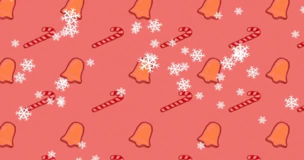 圣诞钟声上飘扬的雪花和红色背景下的糖果图案 圣诞节 庆祝和传统概念数字制作的录像 — 图库视频影像