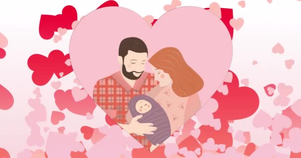 Animação Vários Corações Sobre Família Feliz Com Bebê Fundo Branco — Vídeo de Stock