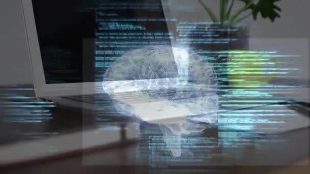 Animaatio Ihmisen Aivojen Tietojenkäsittelyn Tietokoneella Pöydällä Globaali Rahoitus Liiketoiminta Yhteydet — kuvapankkivideo