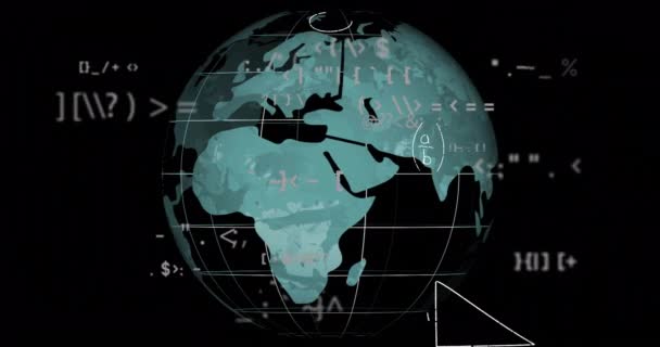 Animacja Matematycznego Przetwarzania Danych Globie Czarnym Tle Koncepcja Globalnej Nauki — Wideo stockowe