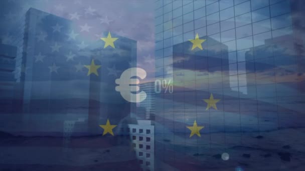 ユーロシンボルのアニメーションとユーロスターと市民景観上のアメリカの国旗でパーセンテージを登る ヨーロッパ グローバル ビジネス 愛国心 デジタル生成されたビデオ — ストック動画
