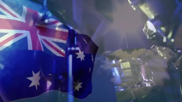 ドラムを演奏する白人男性の上にオーストラリアの旗のアニメーション 愛国主義 ライフスタイルのコンセプトデジタル生成ビデオ — ストック動画