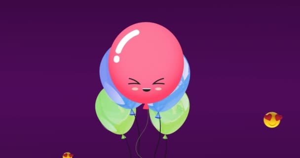 Animation Balloons Heart Emojis Purple Background Birthday Birthday Party Festivity — Stock Video