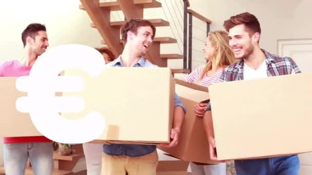 Animation Euro Sign Blue Diverse People Moving Cardboard Boxes Global — Stock Video
