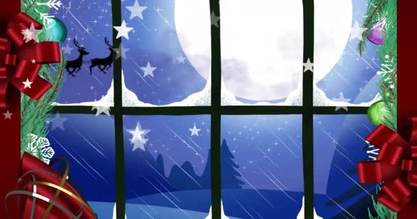 Animazione Decorazioni Natalizie Babbo Natale Slitta Finestra Natale Festa Celebrazione — Video Stock