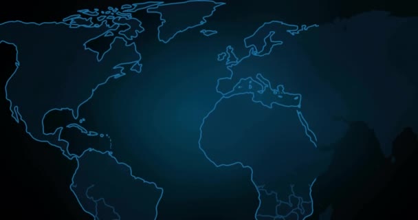 Animação Processamento Dados Sobre Mapa Mundo Fundo Preto Conexões Globais — Vídeo de Stock