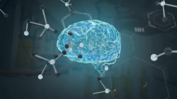 Animation Von Menschlichem Gehirn Molekülen Und Wissenschaftlicher Datenverarbeitung Auf Schwarzem — Stockvideo