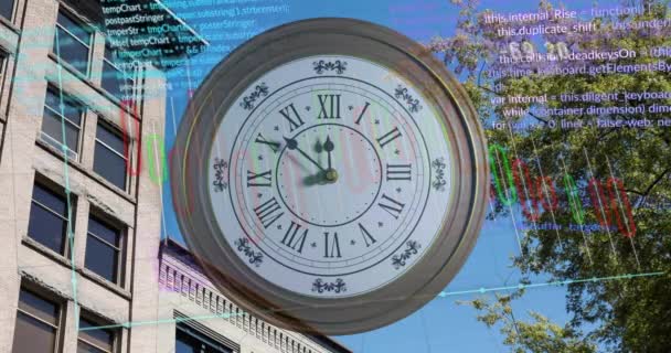 Animation Diagrammes Traitement Données Avec Horloge Sur Paysage Urbain Concept — Video
