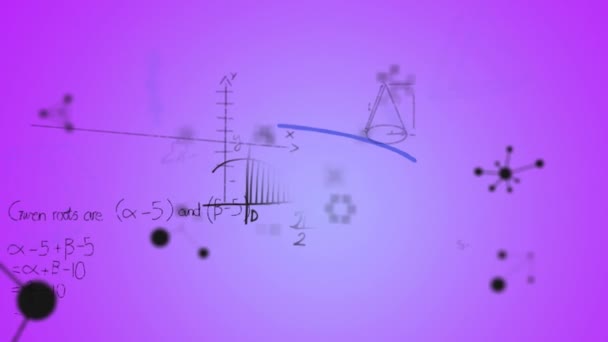 Анимация Молекул Над Математическими Уравнениями Фиолетовом Фоне Уравнения Вычислительные Цифровые — стоковое видео