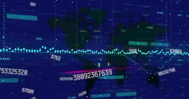 暗い背景の世界地図上のデータ処理のアニメーション グローバル教育 ビジネス コネクション コンピューティング データ処理コンセプトデジタル生成ビデオ — ストック動画