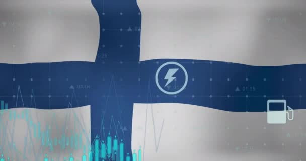 Animacja Wykresów Ikon Danych Energii Nad Flagą Finlandii Gospodarka Narodowa — Wideo stockowe