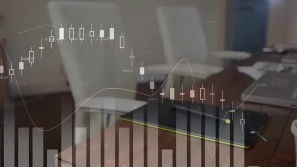 사무실 책상에 데이터 처리의 애니메이션 글로벌 비즈니스 컴퓨팅 데이터 디지털 — 비디오