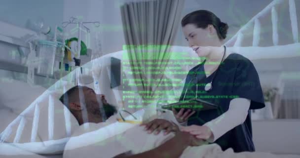 病院における多様な男性患者と女性医師に対するDnaストランドのアニメーション グローバル医療 ヘルスケア コネクション コンピューティング データ処理のコンセプトをデジタル生成したビデオ — ストック動画