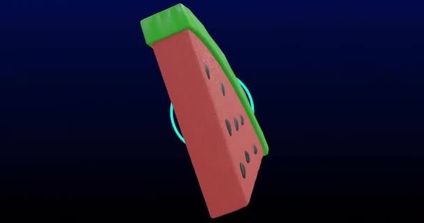 动画3D西瓜片图标旋转在闪烁的蓝色环上的黑色背景 健康的生活方式 复古和数字界面 数字视频 — 图库视频影像