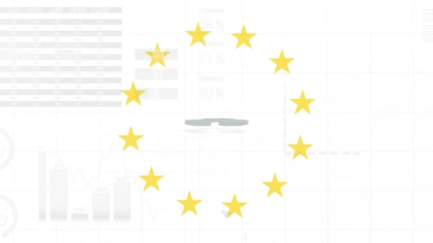 Animacja Przetwarzania Danych Finansowych Flaga Unii Europejskiej Nad Znakiem Recyklingu — Wideo stockowe