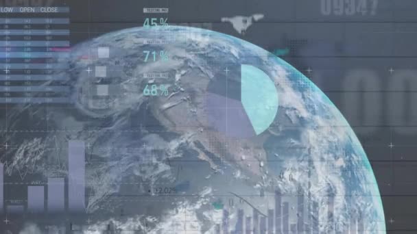 Animación Procesamiento Datos Financieros Globo Sobre Fondo Oscuro Finanzas Globales — Vídeo de stock