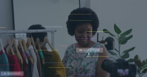 Animação Ícones Mídia Social Dados Sobre Mulher Afro Americana Loja — Vídeo de Stock