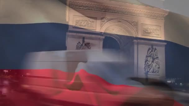 Animazione Bandiera Della Russia Sventolando Sopra Arco Trionfo Parigi Russo — Video Stock