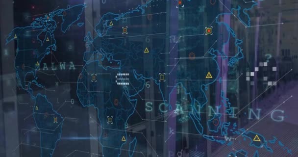 Animação Texto Aviso Segurança Mapa Mundo Processamento Dados Sobre Sala — Vídeo de Stock