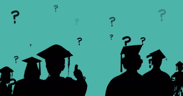 Animación Signos Interrogación Sobre Siluetas Estudiantes Gorras Graduación Sobre Fondo — Vídeos de Stock