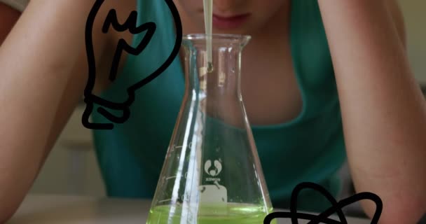 Animation Dessins Scientifiques Sur Écolière Caucasienne Laboratoire Concept Mondial Science — Video