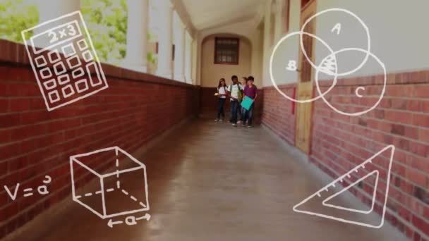 Animation Skoleelementer Ikoner Forskellige Skolebørn Walking Global Uddannelse Digitalt Interface – Stock-video