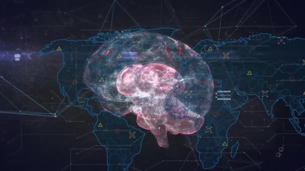 Animación Del Mapa Del Mundo Con Procesamiento Datos Cerebro Digital — Vídeos de Stock