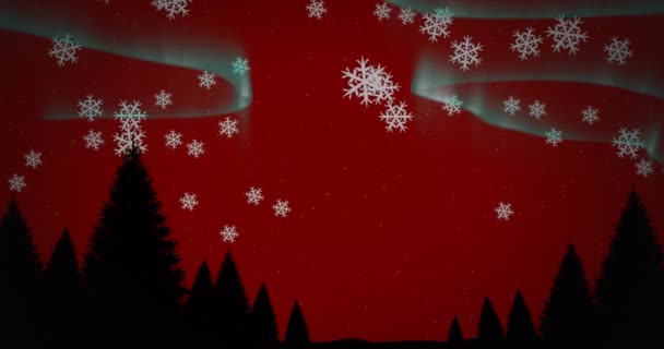 Animacja Sylwetek Choinki Nad Płatkami Śniegu Spadającymi Zorzę Polarną Czerwone — Wideo stockowe