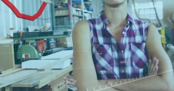 Animación Procesamiento Gráfico Rojo Sobre Retrato Carpintero Femenino Caucásico Taller — Vídeos de Stock