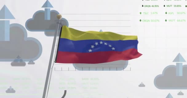 Анімація Обробки Фінансових Даних Через Хмарні Піктограми Прапор Венесуели Глобальні — стокове відео