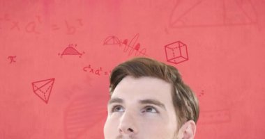 Düşünceli beyaz erkek öğrencilerin matematik ve geometri denklemlerinin pembe kağıtta canlandırılması. Matematik, problem çözme, belirsizlik, öğrenme, sınavlar ve eğitim, dijital olarak oluşturulmuş video.